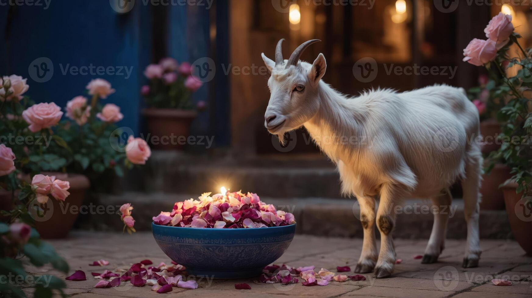 A goat stands beside a bowl of rose petals and candles in a serene garden setting. photo