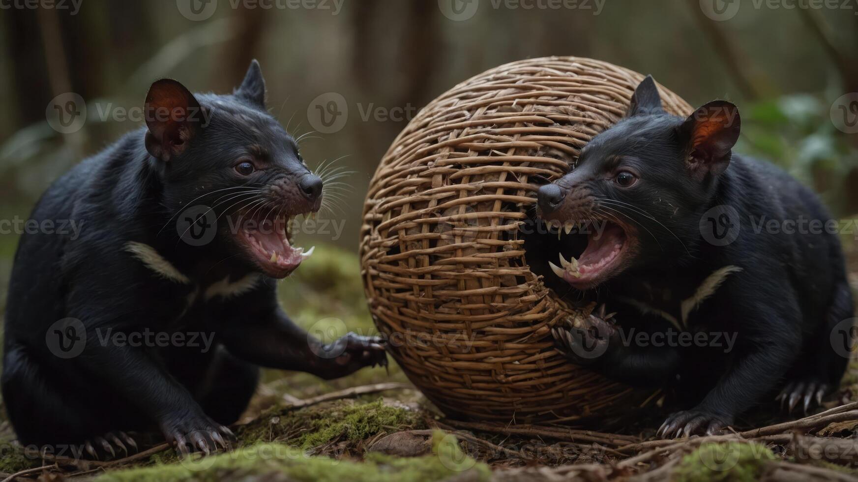 Two Tasmanian devils growling near a woven basket in a forest setting. photo