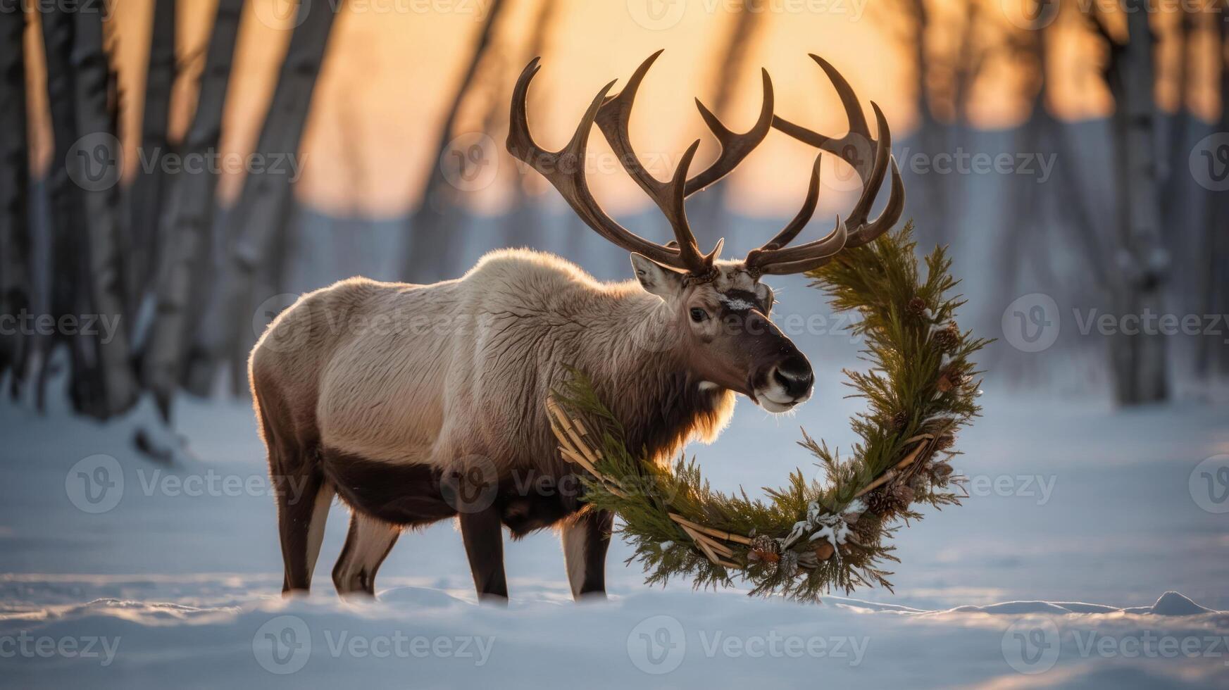 A majestic reindeer stands in snow, adorned with a green wreath against a sunset backdrop. photo