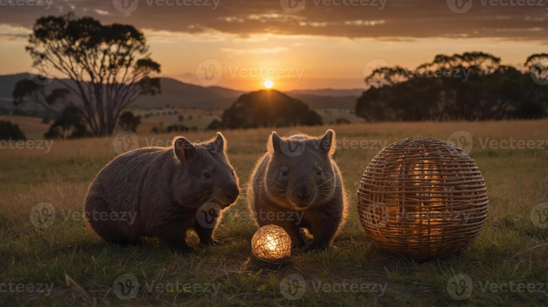 Two wombats near glowing orbs at sunset in a serene landscape. photo