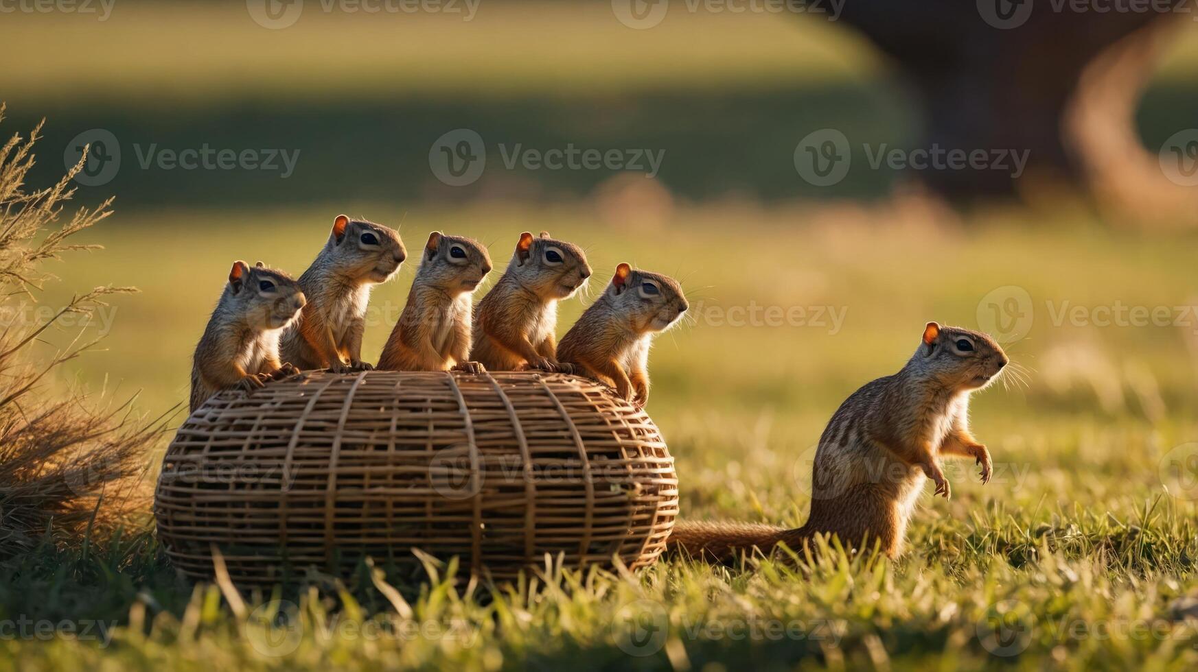 A group of squirrels sitting in a woven basket, enjoying the sunny outdoors. photo
