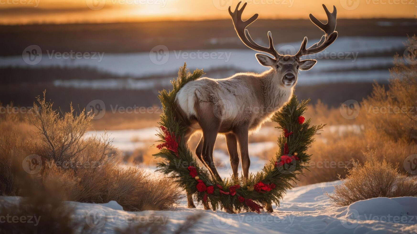A reindeer stands in a snowy landscape, adorned with a festive wreath, symbolizing winter cheer. photo