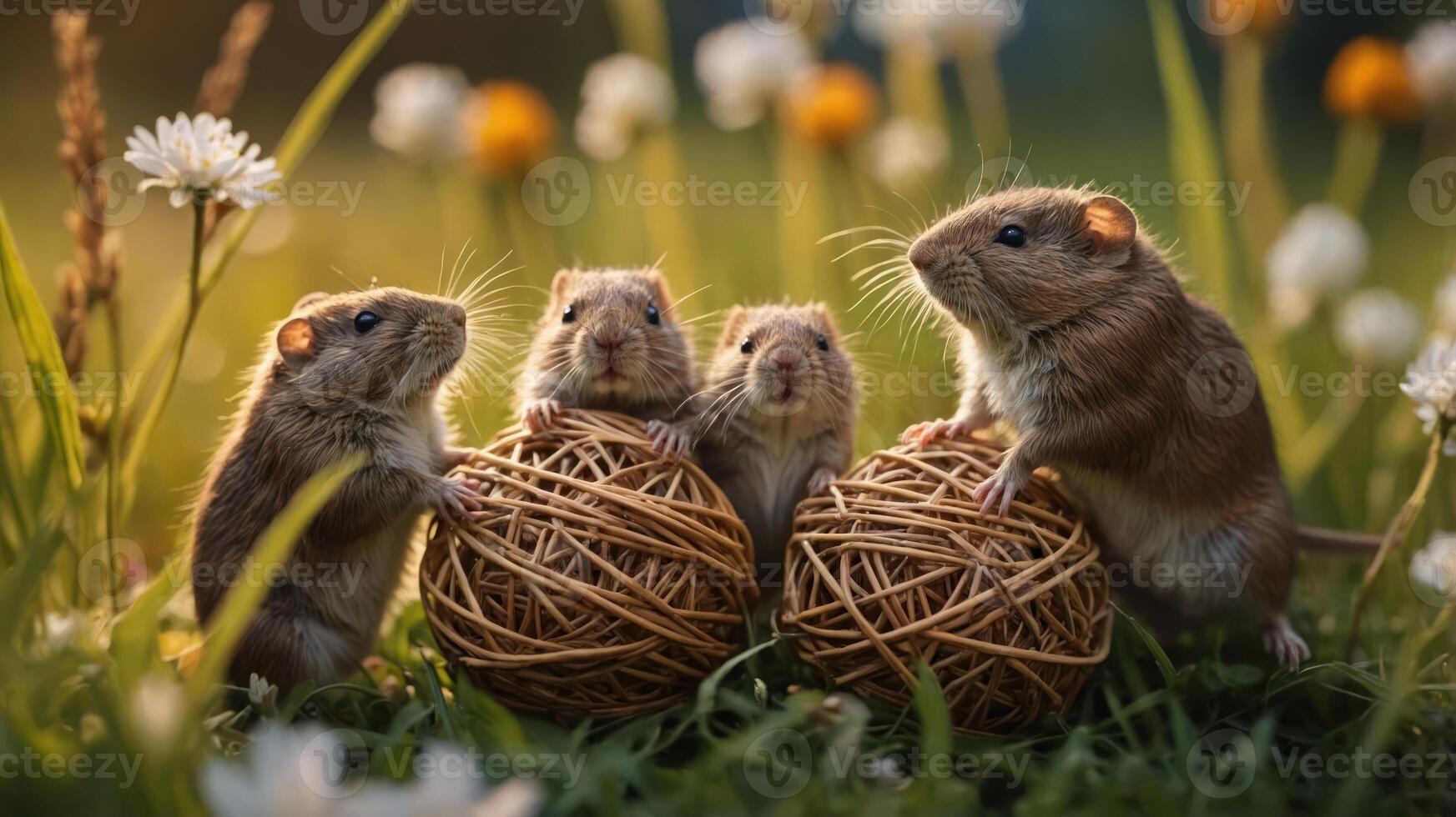 Four adorable hamsters play with woven nests in a sunny flower-filled meadow. photo
