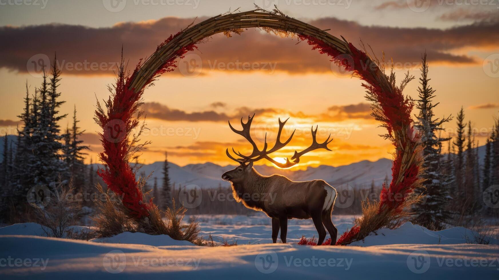 A majestic elk stands in a snowy landscape framed by a circular arrangement of foliage at sunset. photo