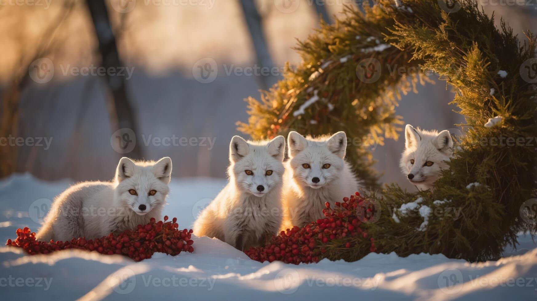 Four arctic foxes surrounded by a wreath and berries in a snowy landscape. photo