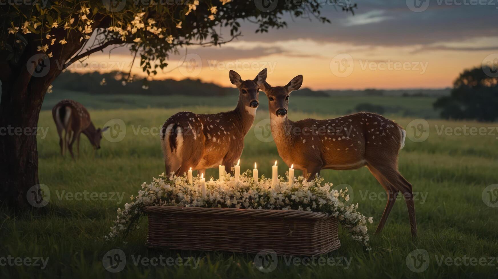 Two deer standing beside a floral arrangement with candles at sunset in a serene landscape. photo