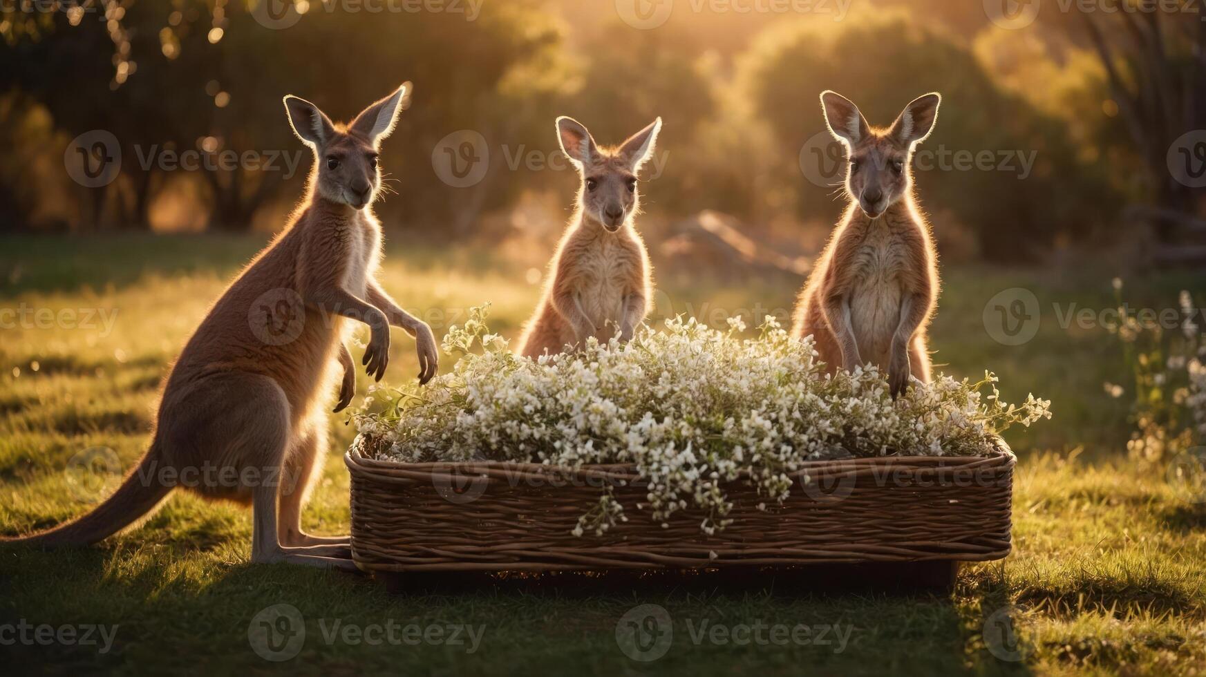 Three kangaroos standing around a basket of white flowers in a sunlit field. photo