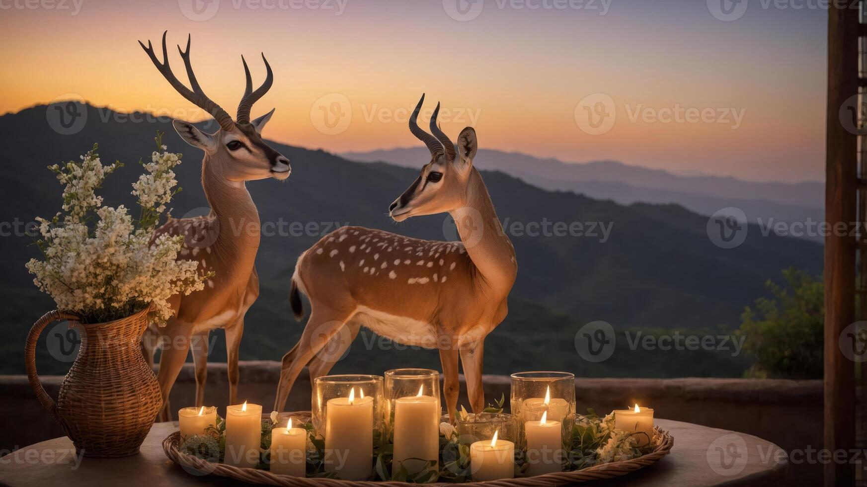 Two decorative deer figurines near candles and flowers, set against a scenic sunset backdrop. photo