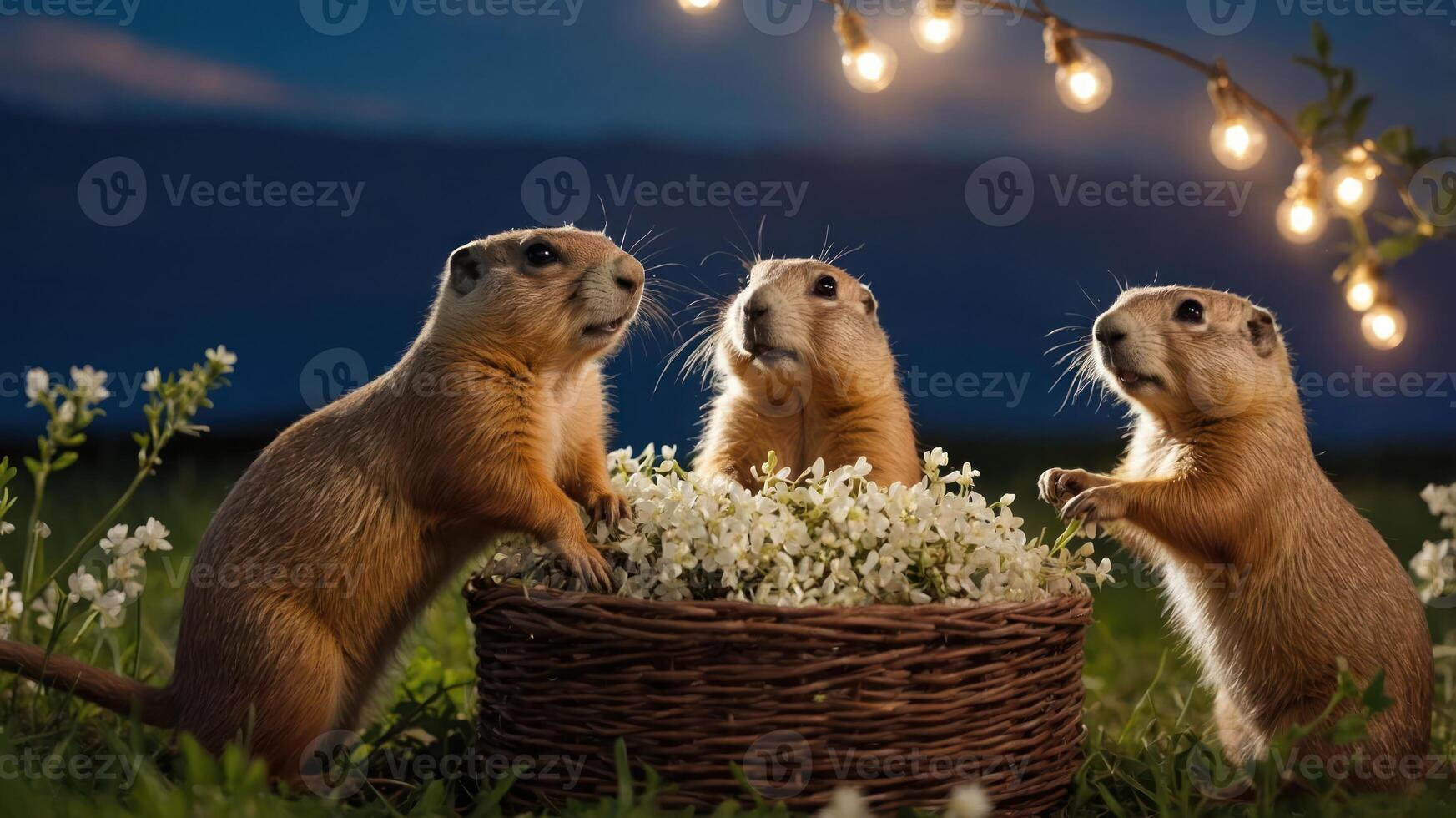 Three prairie dogs gather around a basket of flowers under string lights at dusk. photo