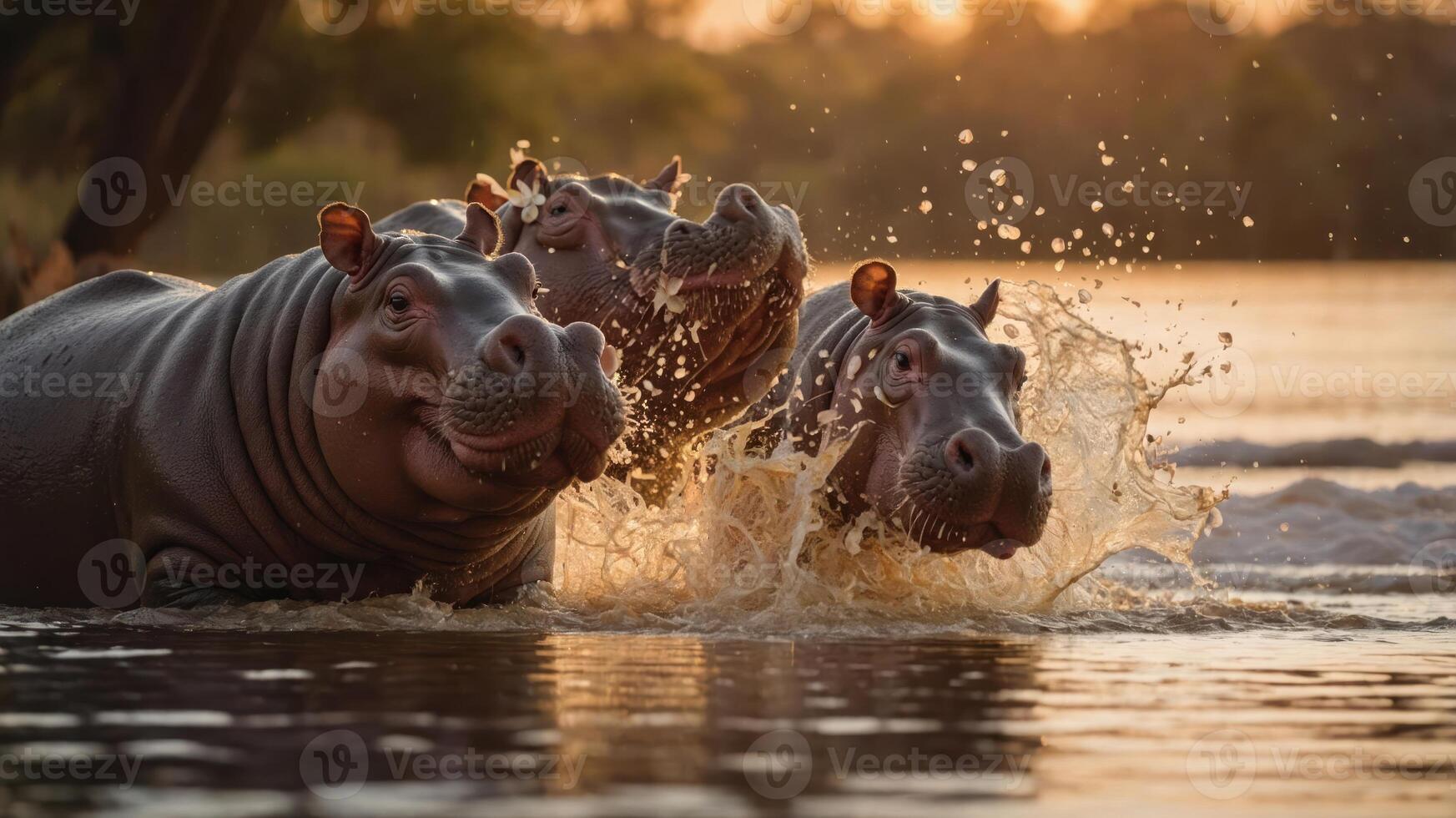Three hippos playfully splashing in a river at sunset. photo
