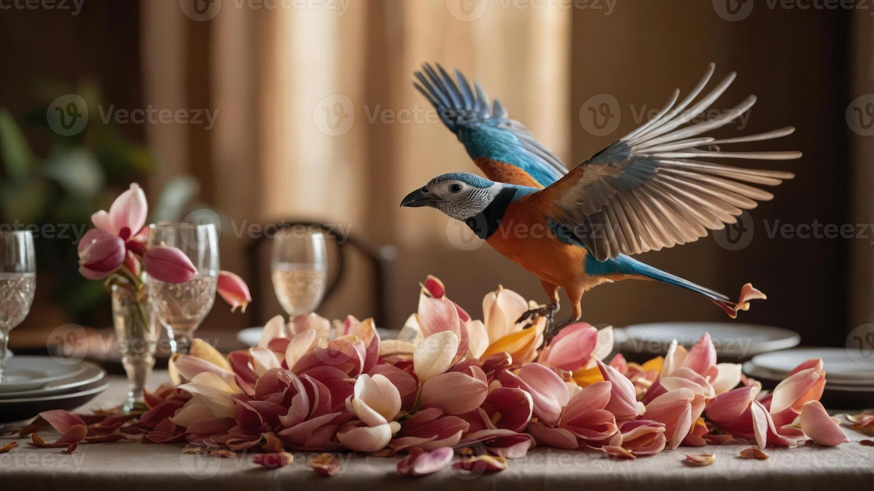 A vibrant bird perched on a table adorned with blooming flowers, creating a lively atmosphere. photo