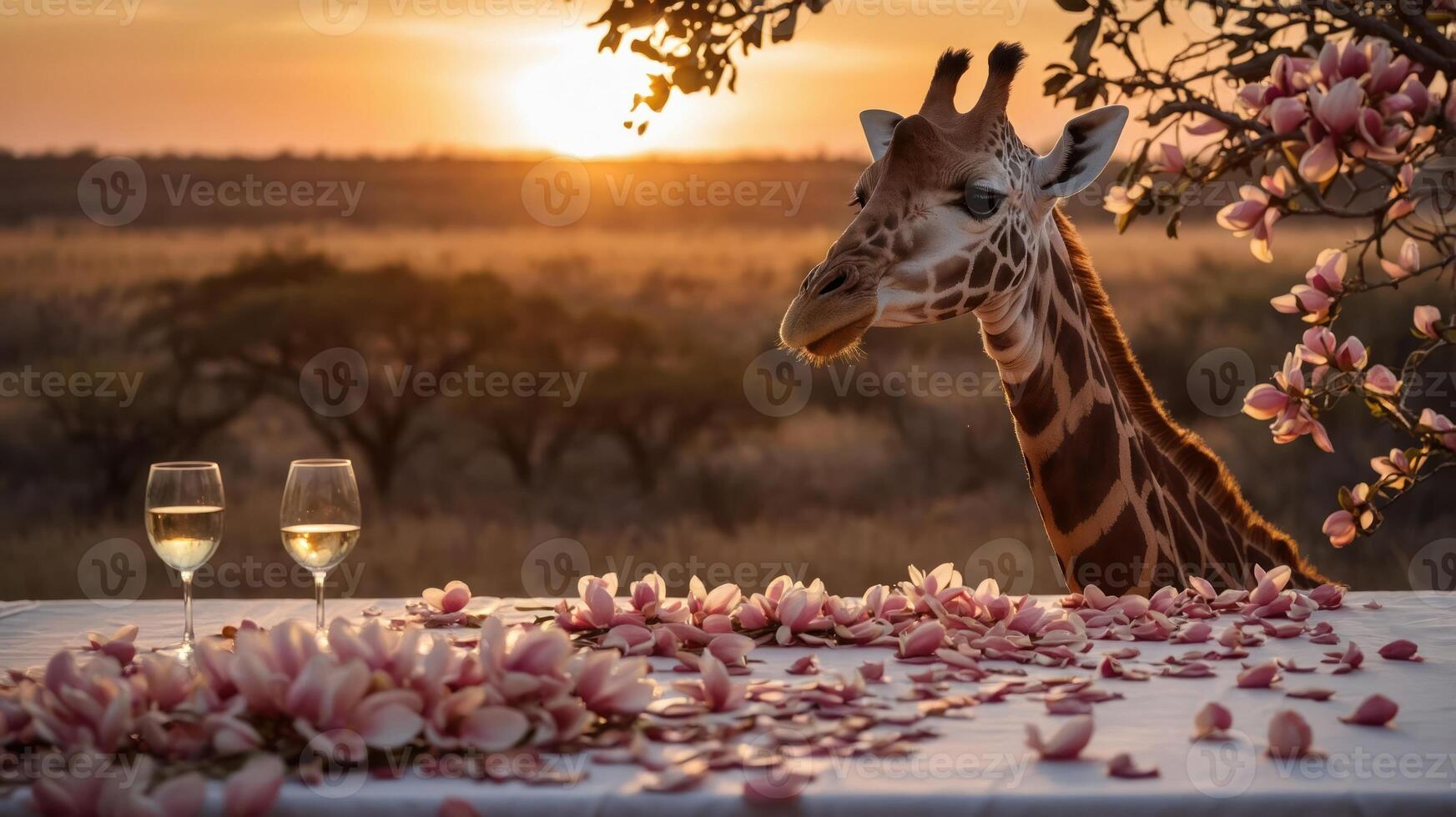 A whimsical scene featuring a giraffe near a romantic dinner setup at sunset. photo