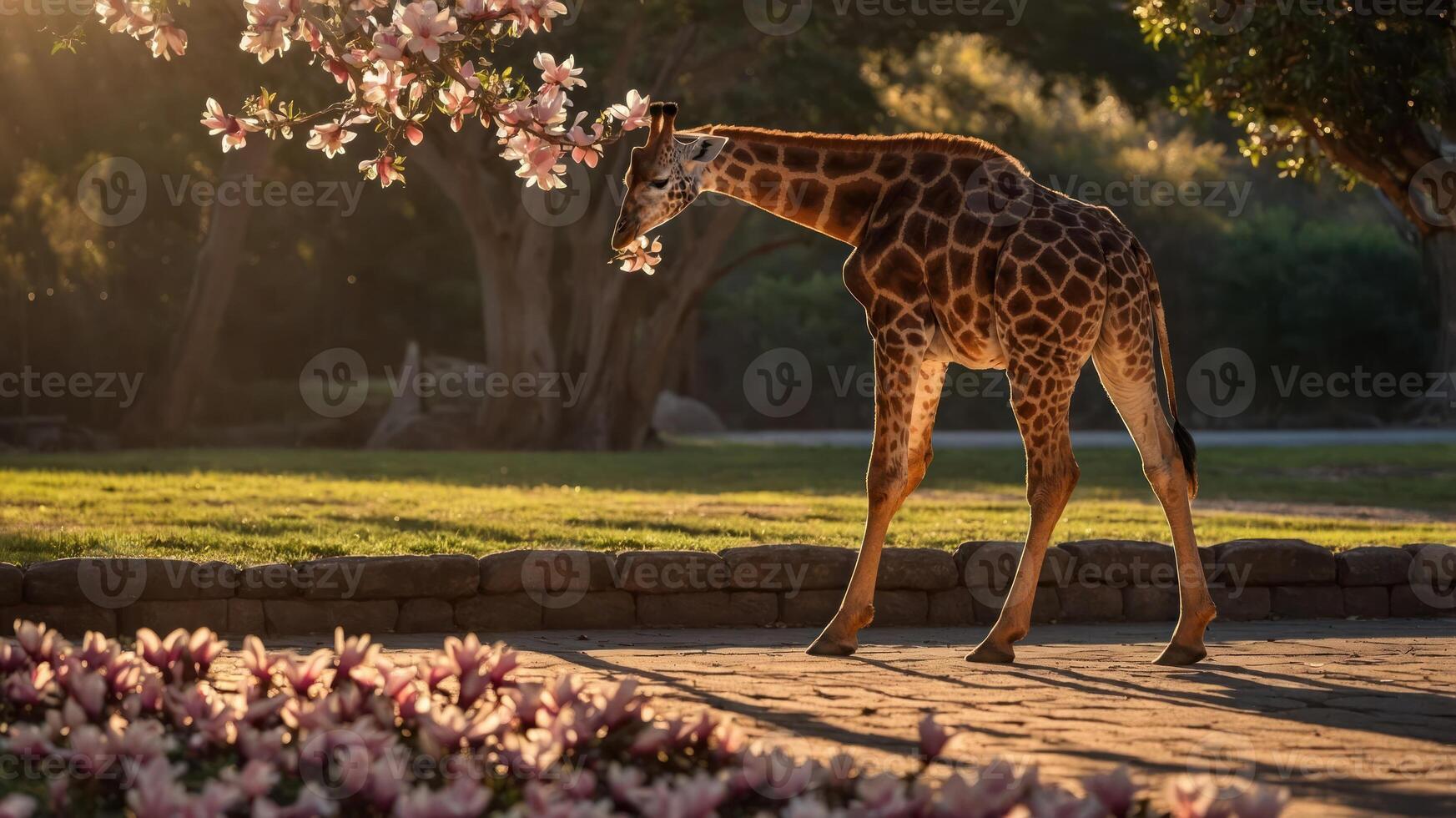 A giraffe walking among blooming flowers in a serene landscape at sunset. photo