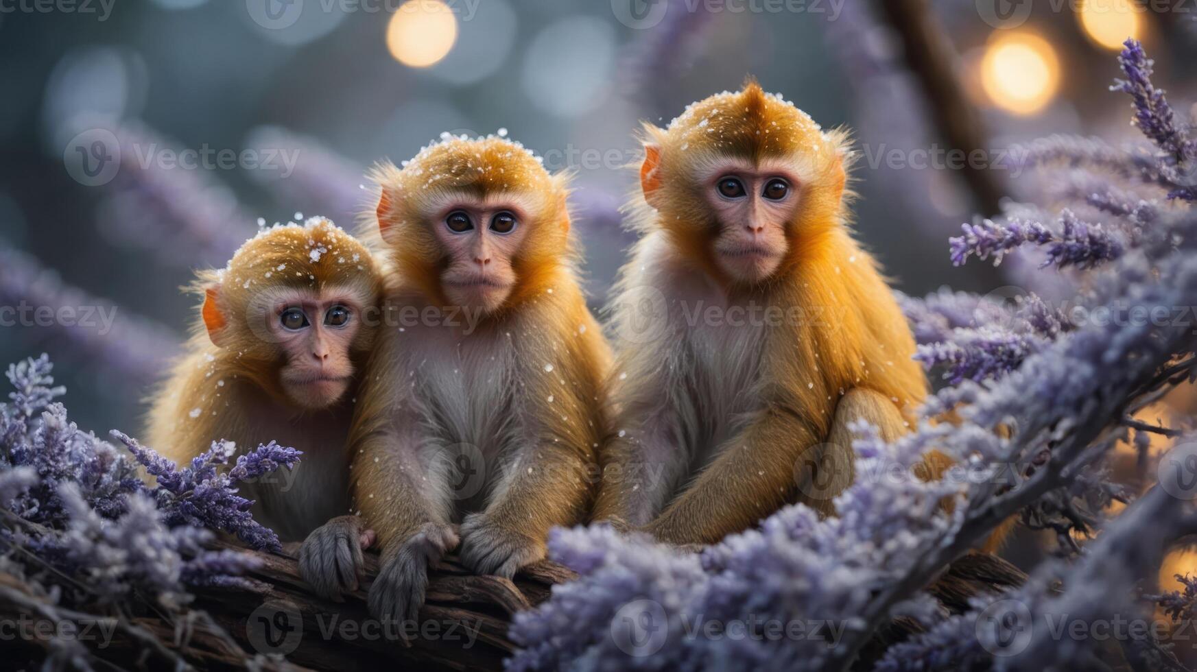 Three monkeys sitting together on a branch surrounded by frosty plants. photo