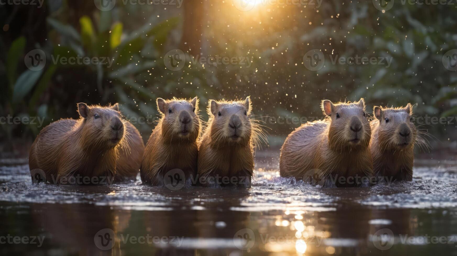A serene scene of five capybaras wading in water during sunset, surrounded by nature. photo