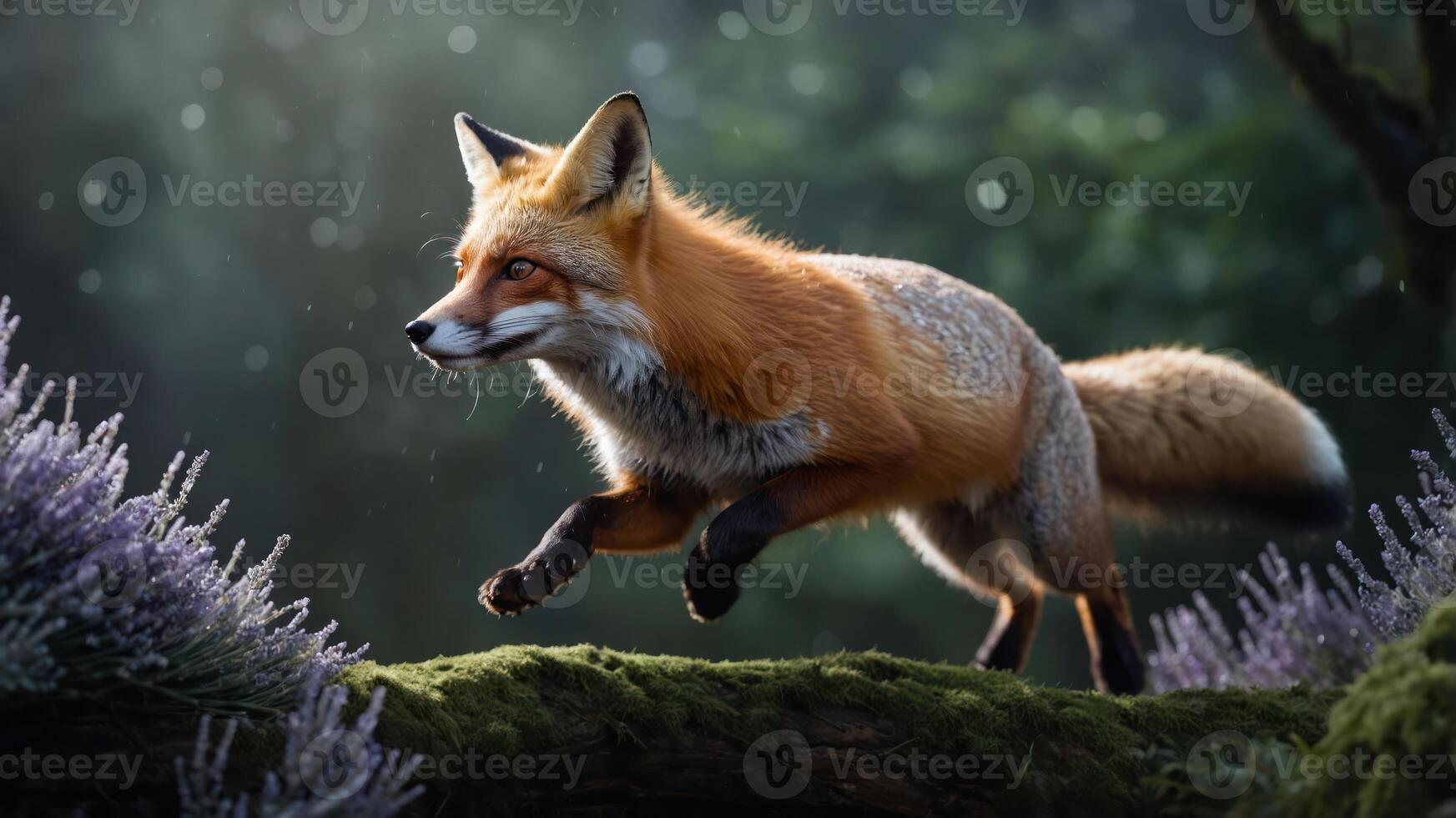 A fox gracefully leaps through a lush, green forest, surrounded by vibrant plants and mist. photo