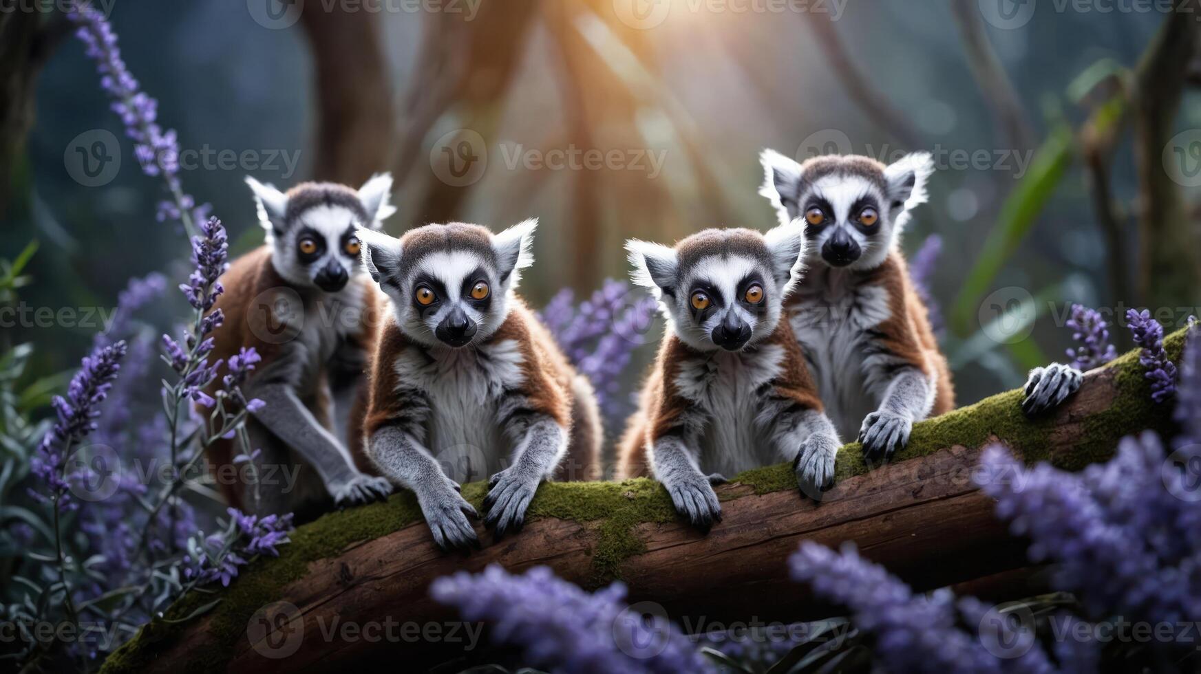Four lemurs perched on a branch amidst vibrant flowers in a lush forest setting. photo