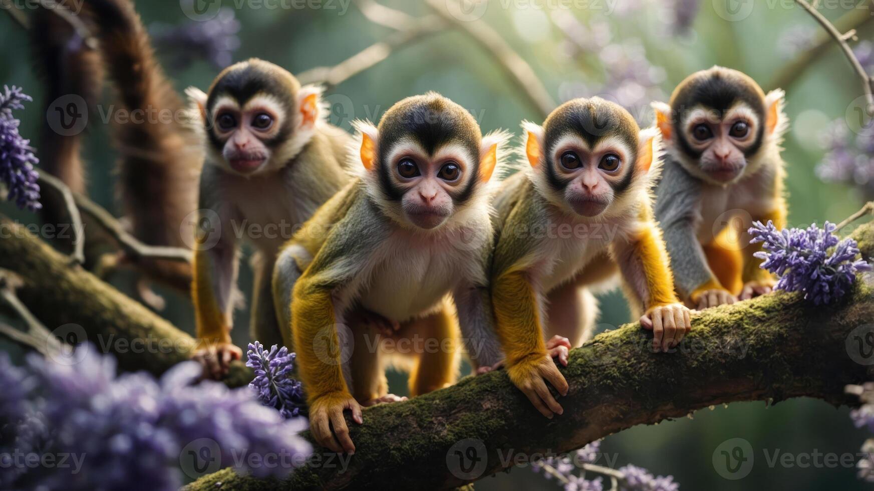 Four playful monkeys perched on a branch surrounded by vibrant flowers. photo