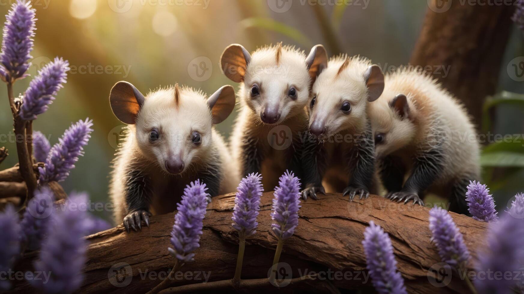 Four adorable marsupials playfully exploring a log surrounded by vibrant flowers. photo