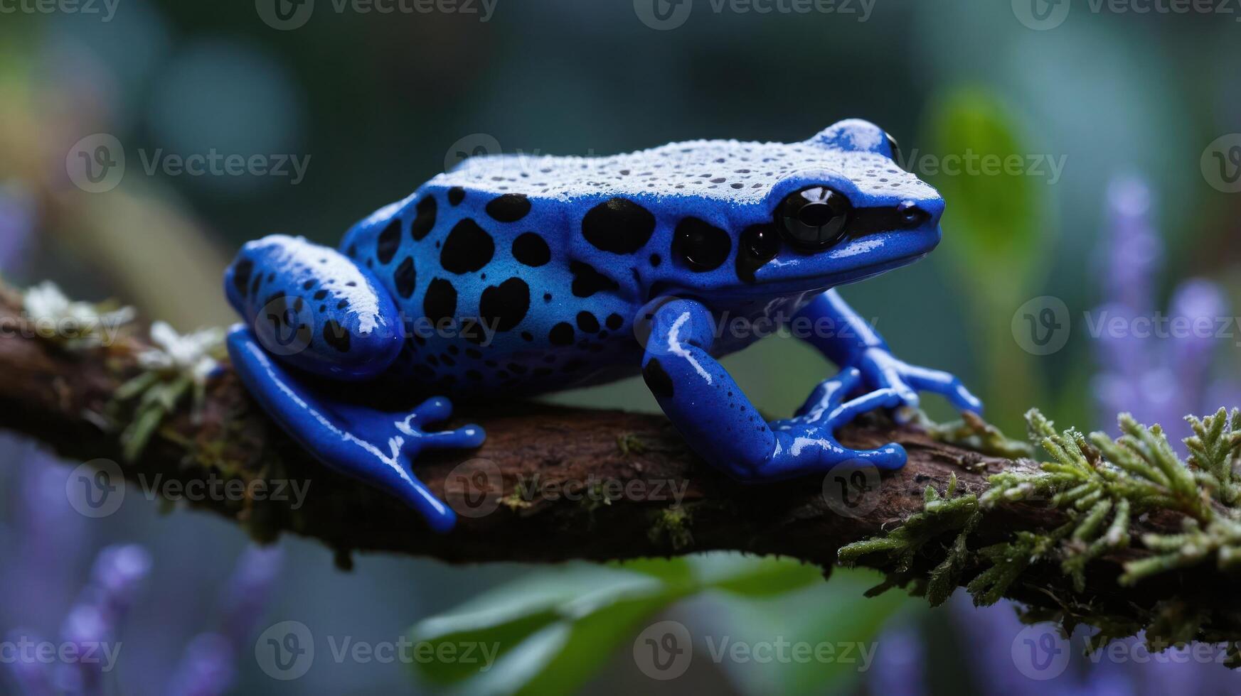 A vibrant blue frog with black spots perched on a mossy branch in a lush environment. photo