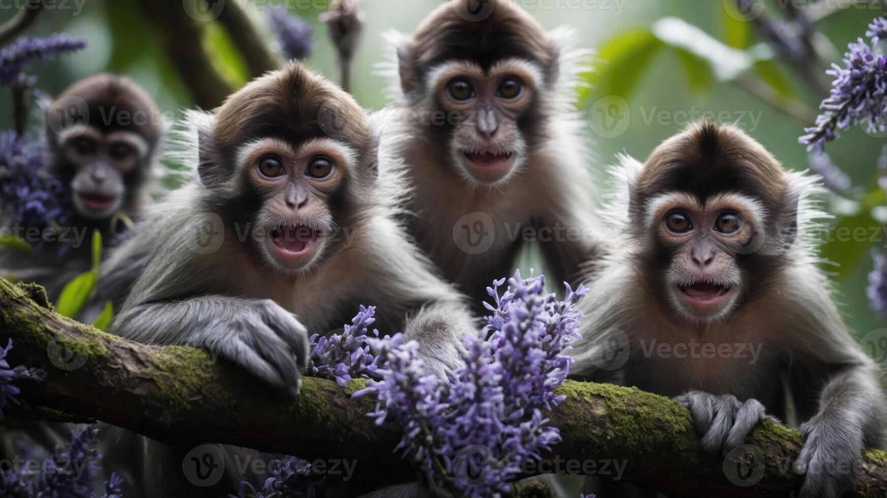 Three monkeys perched on a branch, surrounded by vibrant purple flowers in a lush environment. photo