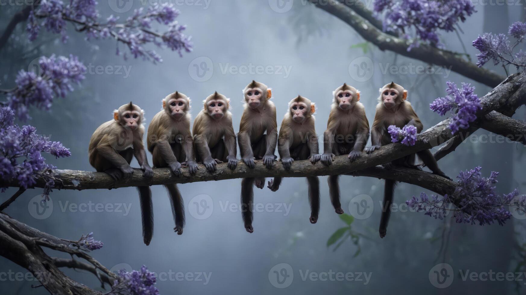 A group of eight monkeys sitting on a branch surrounded by purple flowers in a misty forest. photo