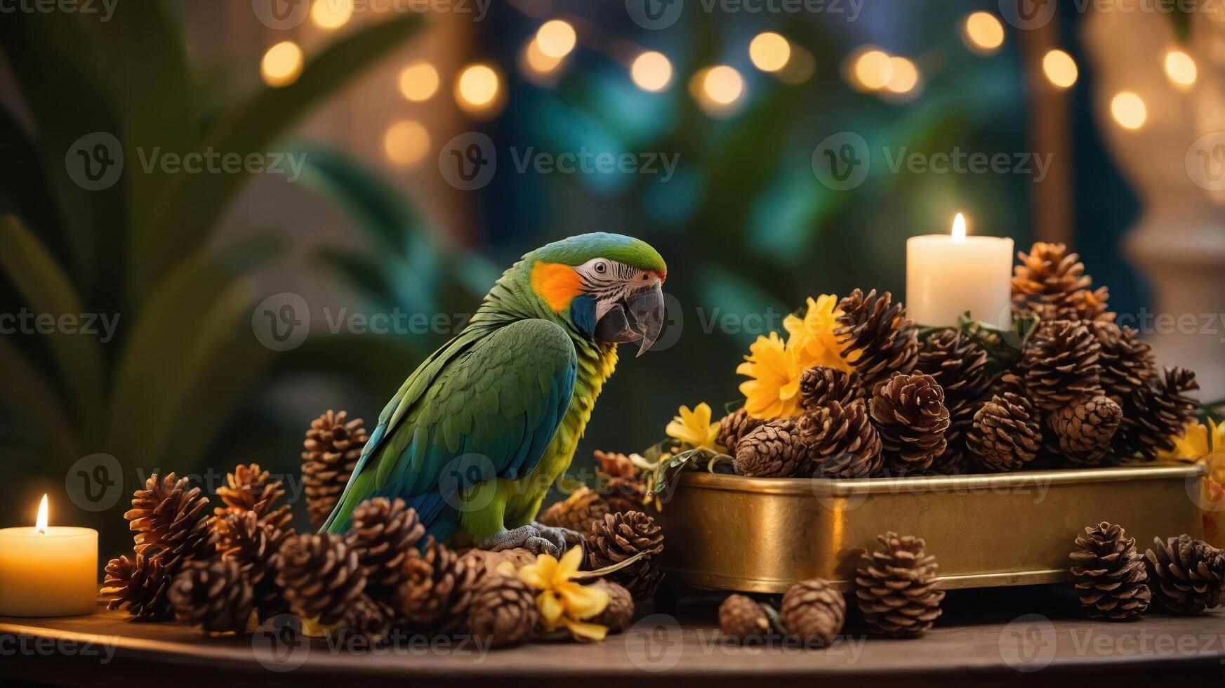A vibrant parrot surrounded by pinecones and candles, creating a cozy atmosphere. photo
