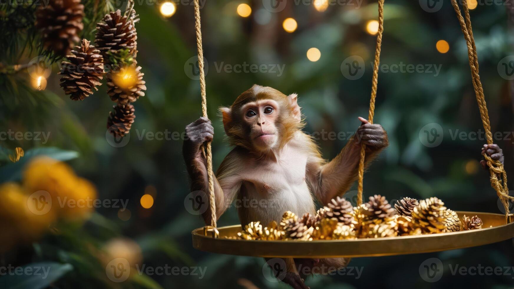 A monkey sits on a swing surrounded by pinecones and festive decorations. photo