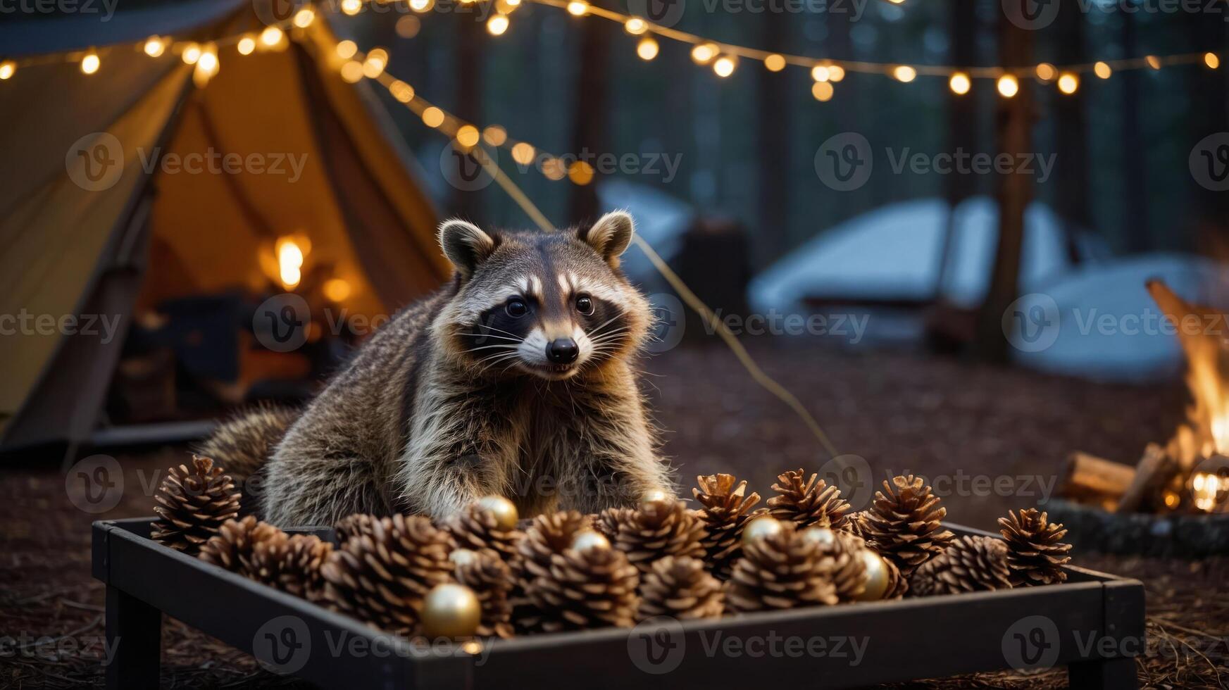 A raccoon sits among pinecones at a cozy campsite, illuminated by string lights. photo