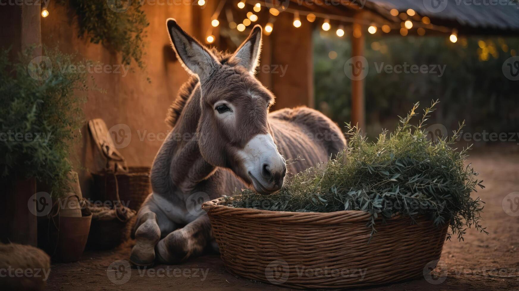 A donkey resting beside a basket of greenery in a warm, softly lit setting. photo