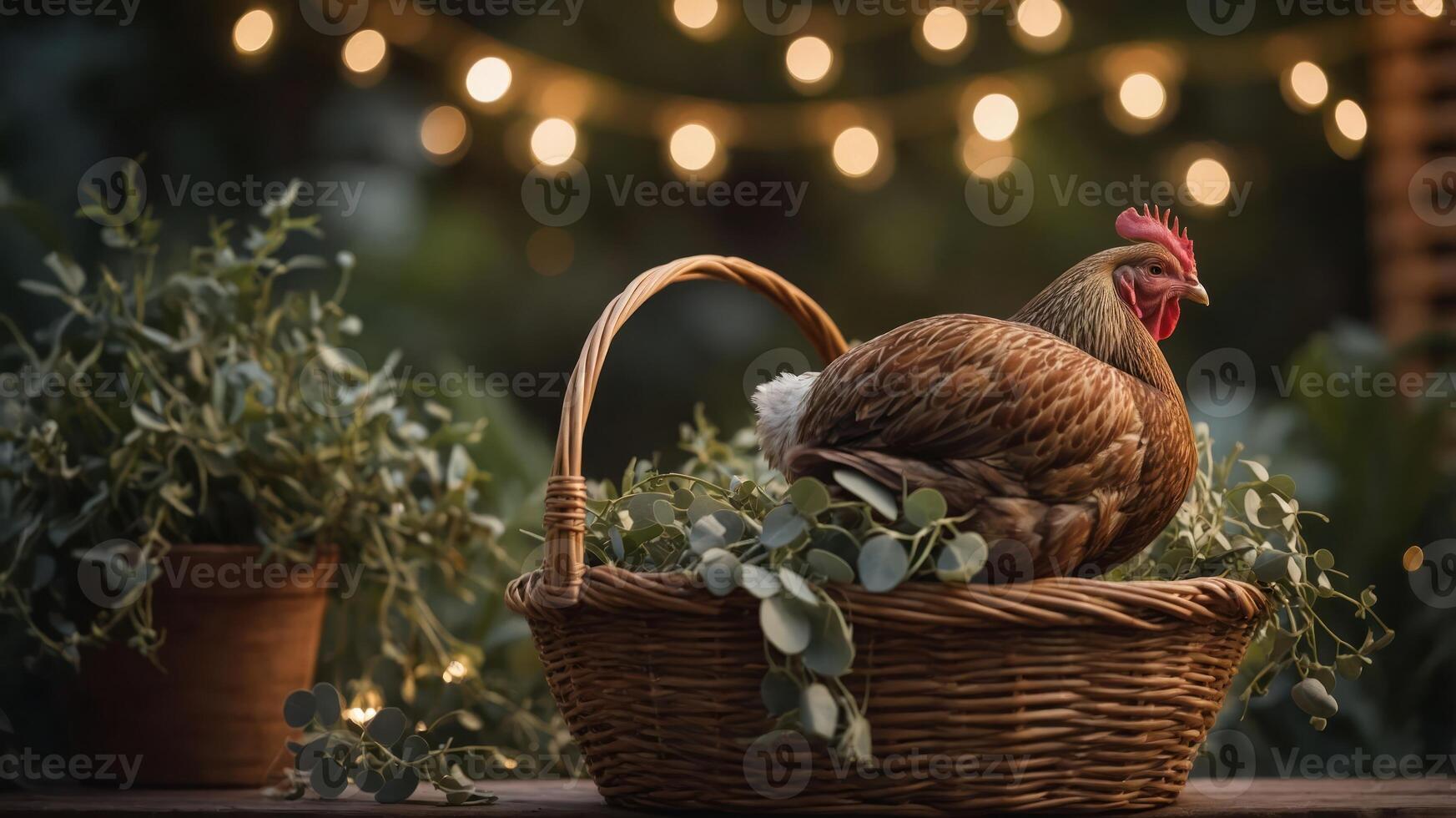 A hen resting in a wicker basket surrounded by greenery and soft, glowing lights. photo