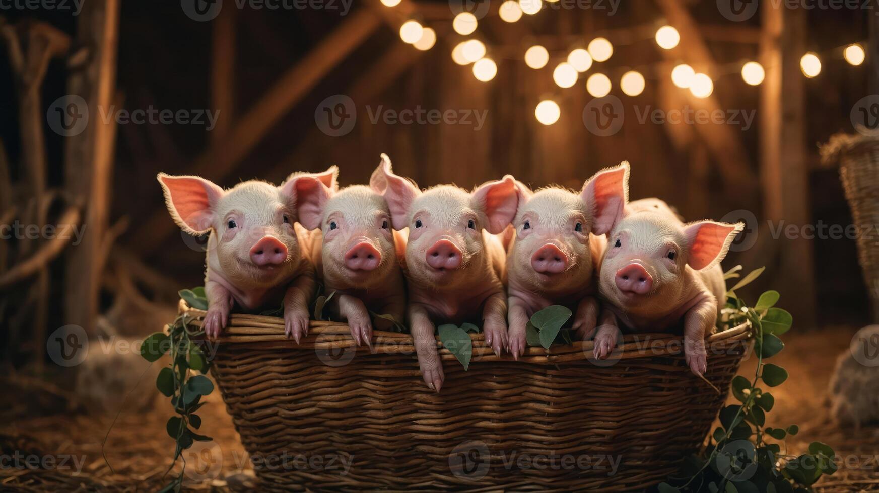 Five piglets nestled in a basket with warm lights in a rustic setting. photo