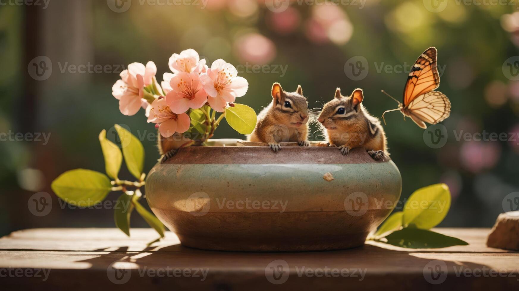 Two chipmunks in a flower pot with a butterfly, capturing a serene moment in nature. photo