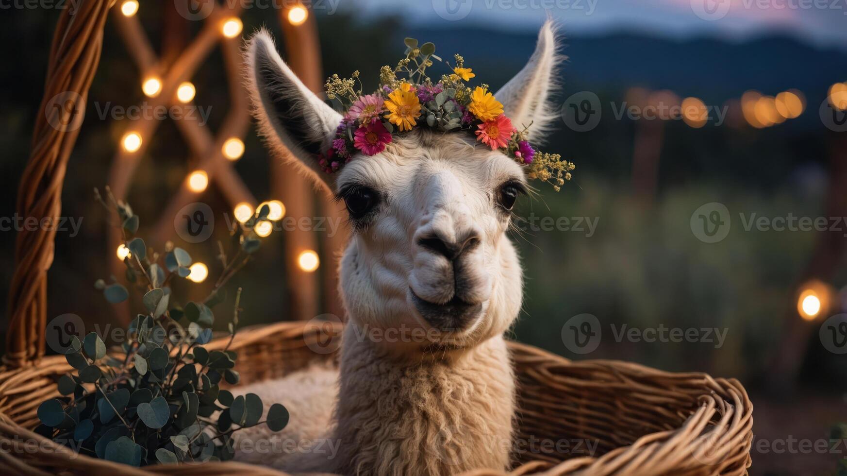 A llama wearing a flower crown sits in a basket, surrounded by soft lighting and greenery. photo