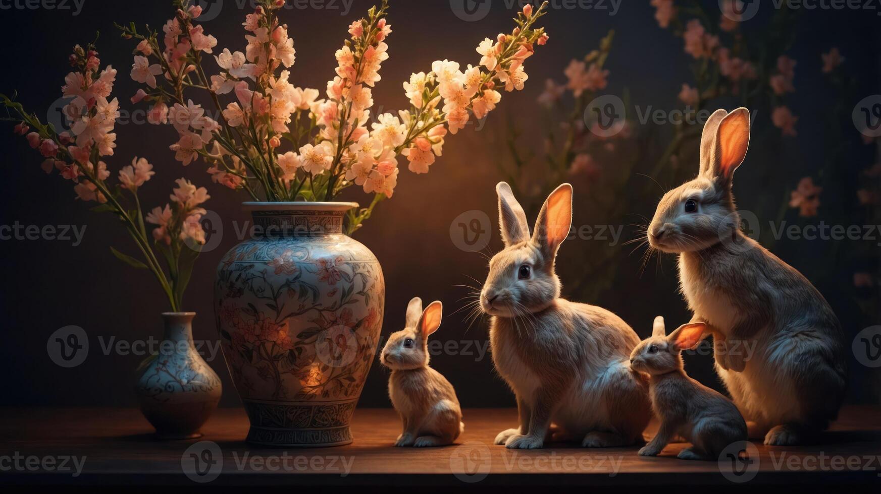 A serene still life featuring rabbits and blooming flowers in a warm, inviting setting. photo