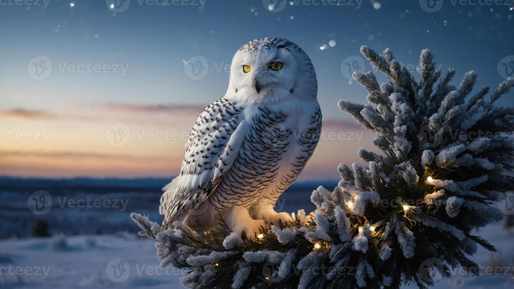 A snowy owl perched on a frosted branch during a serene sunset. photo
