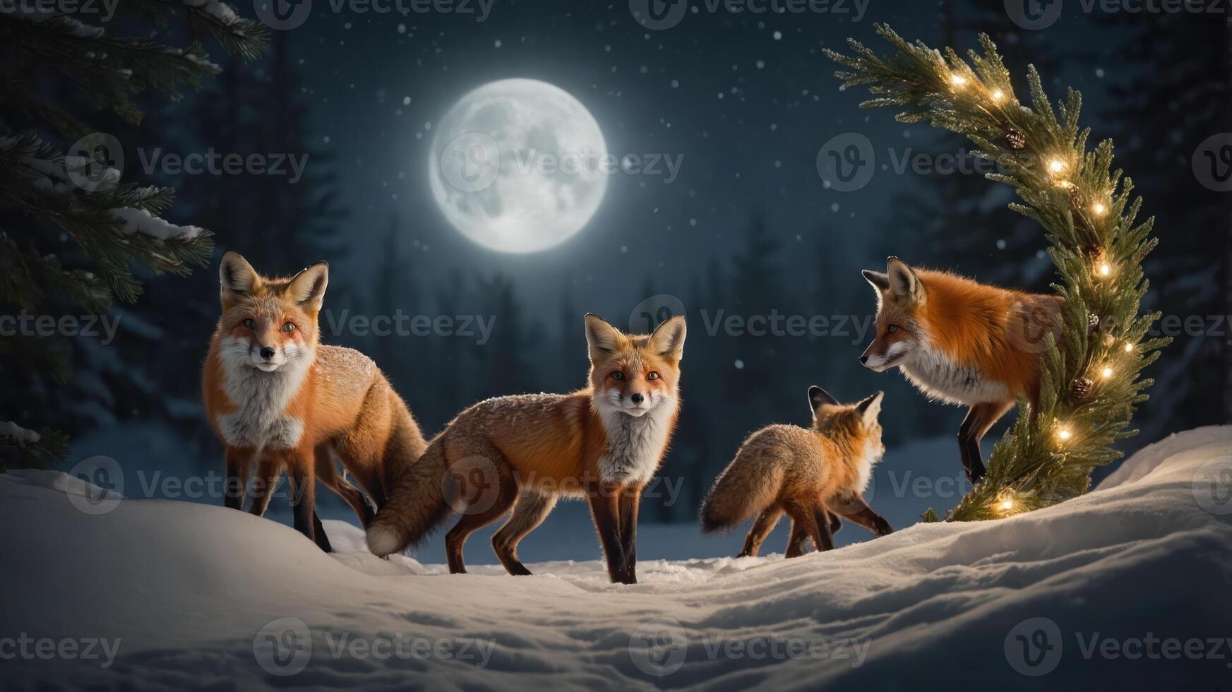 A serene winter scene featuring foxes under a full moon with decorative lights. photo
