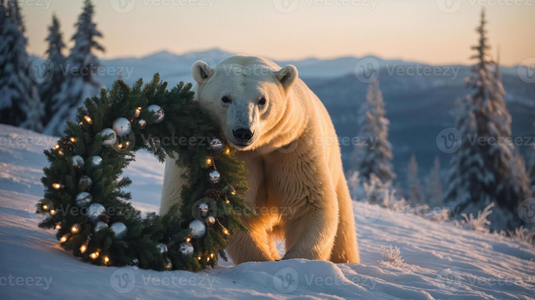 A polar bear stands beside a festive wreath in a snowy landscape during sunset. photo