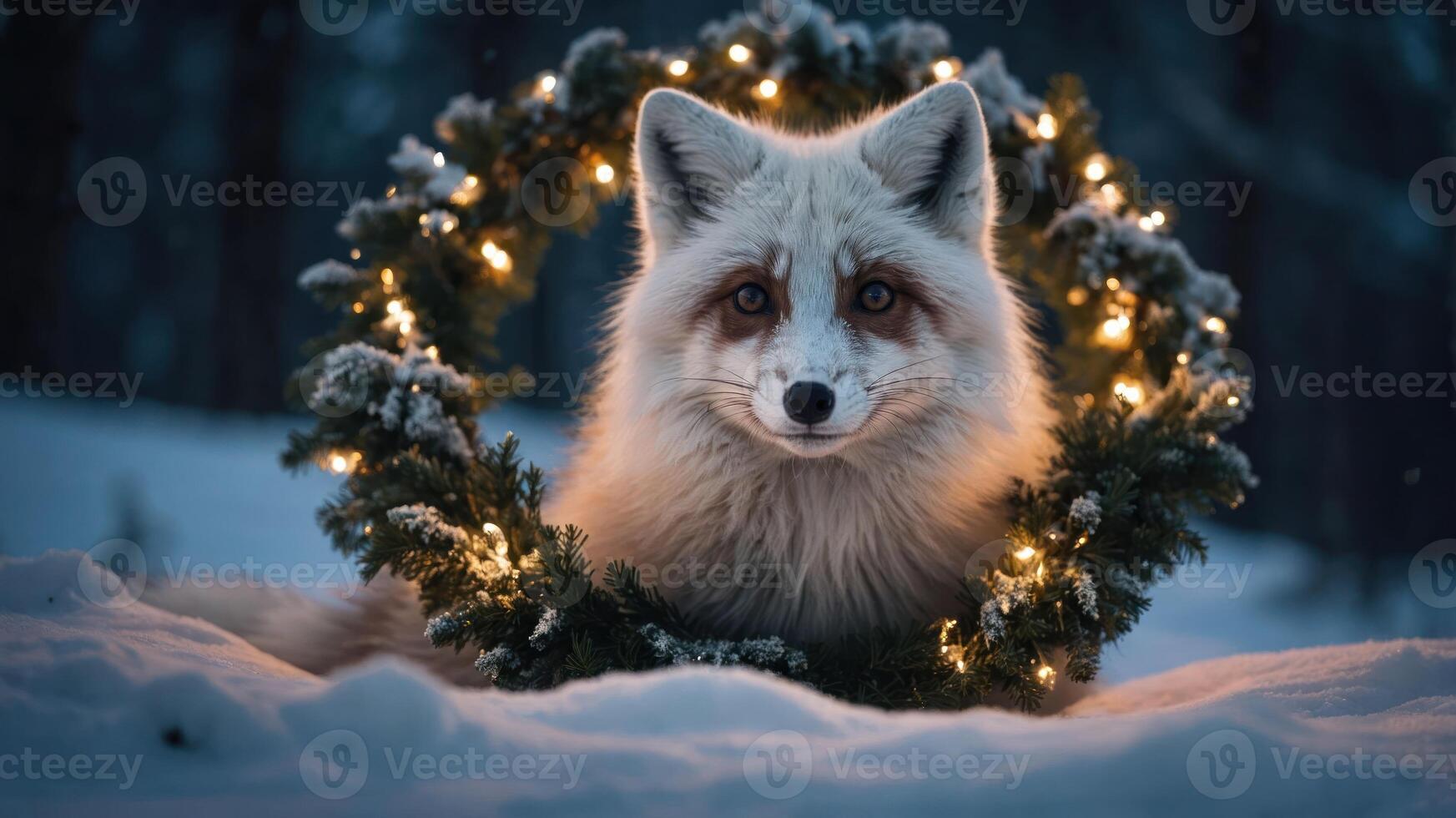 A fox surrounded by a wreath of lights in a snowy landscape. photo
