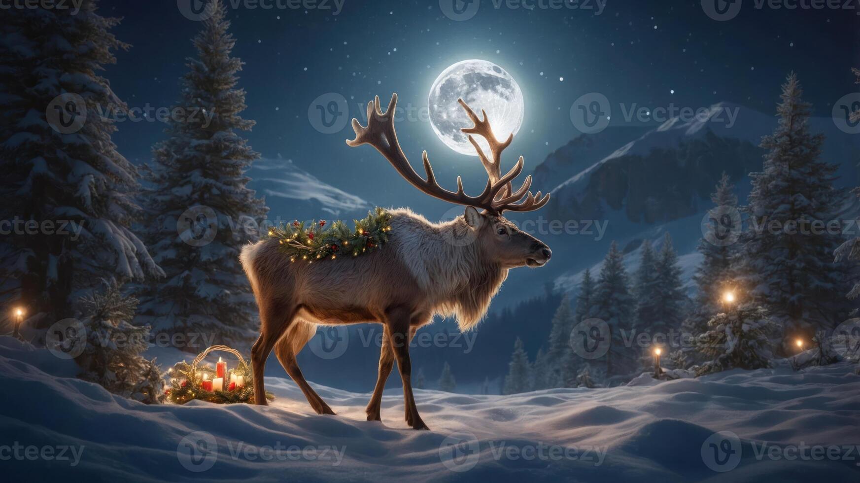 A serene winter scene featuring a reindeer adorned with decorations under a full moon. photo
