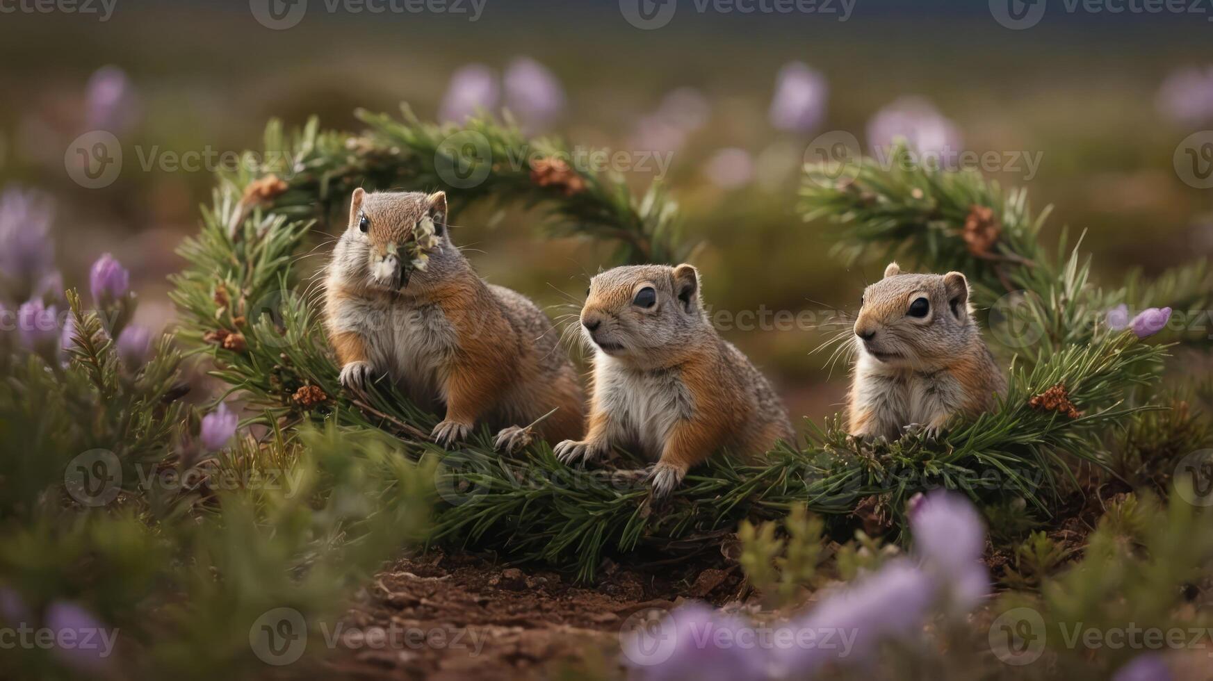 Three squirrels sitting in a wreath surrounded by flowers in a natural setting. photo