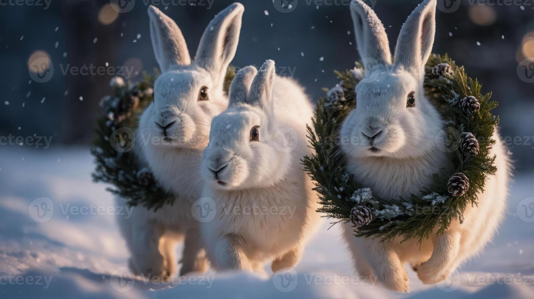 Three fluffy rabbits wearing wreaths in a snowy landscape. photo