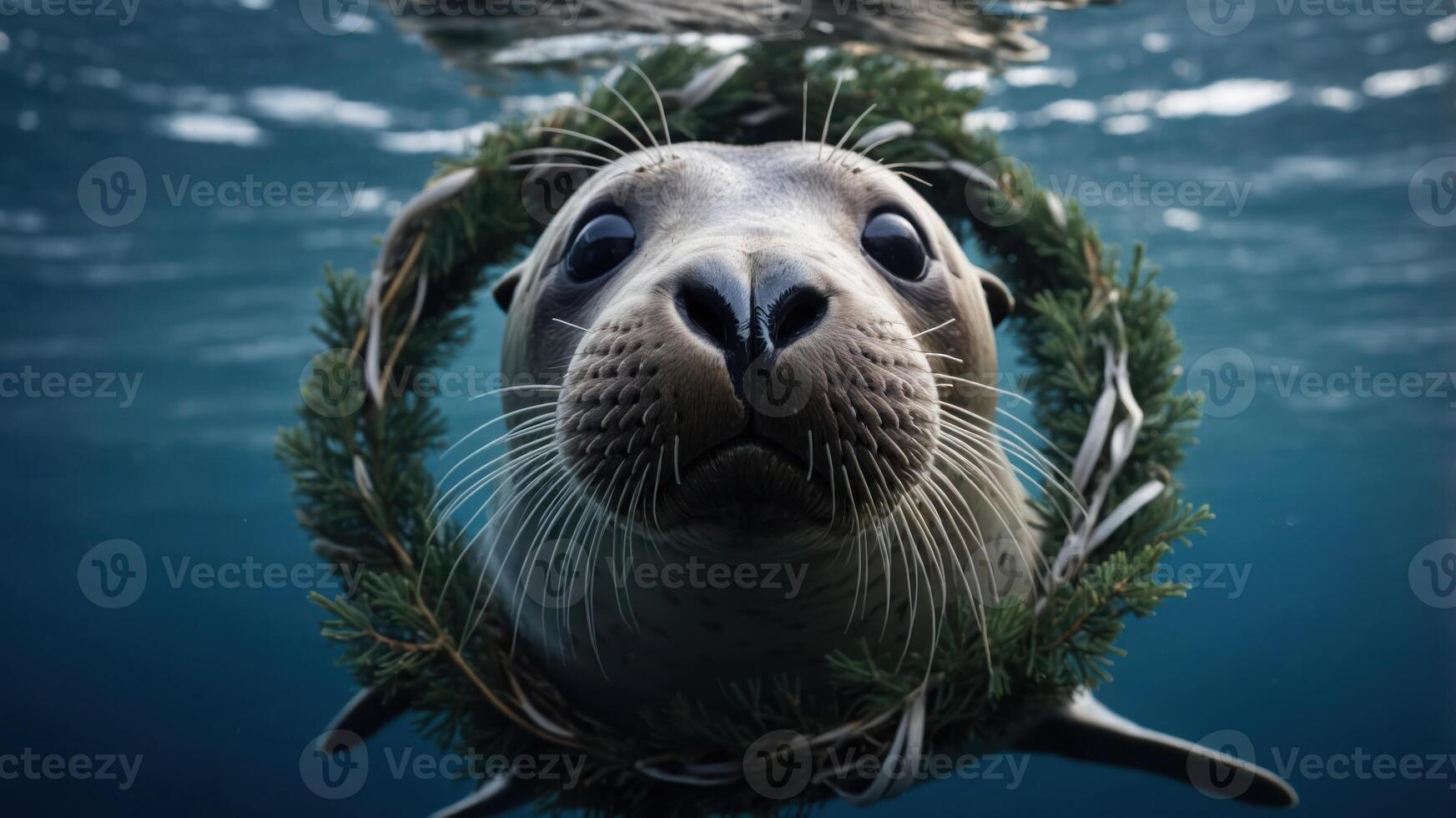 A seal swimming underwater adorned with a wreath of greenery. photo