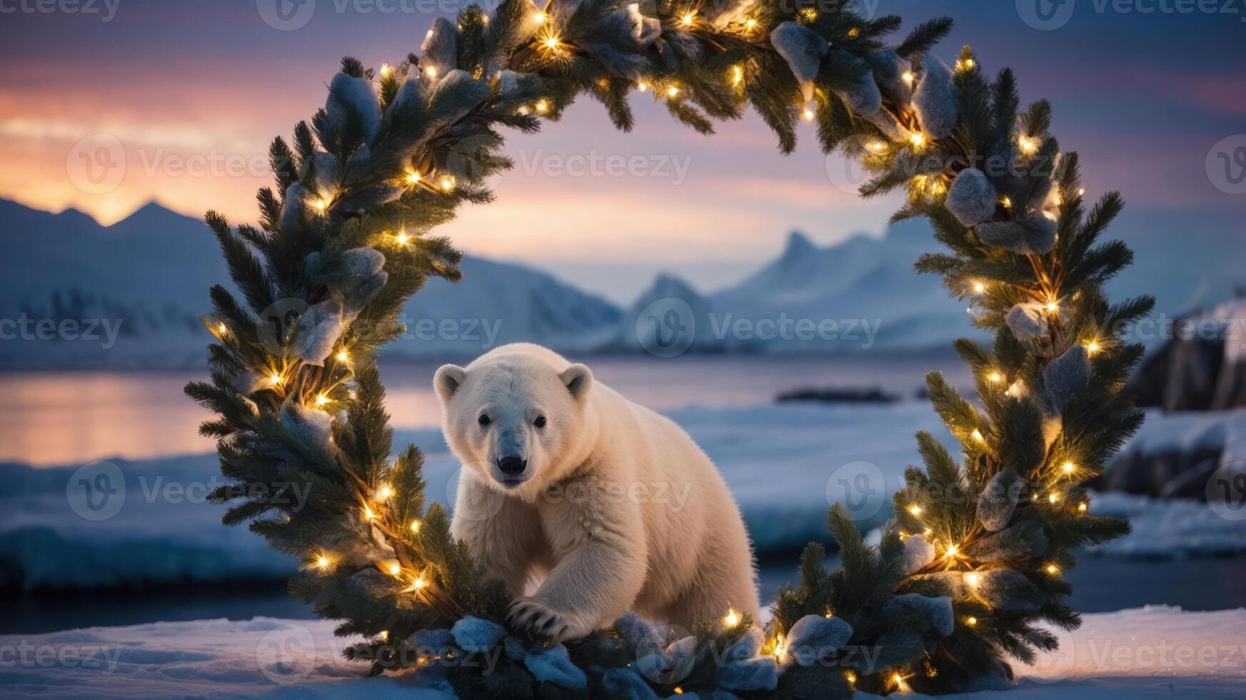A polar bear framed by a festive wreath with lights in a snowy landscape. photo