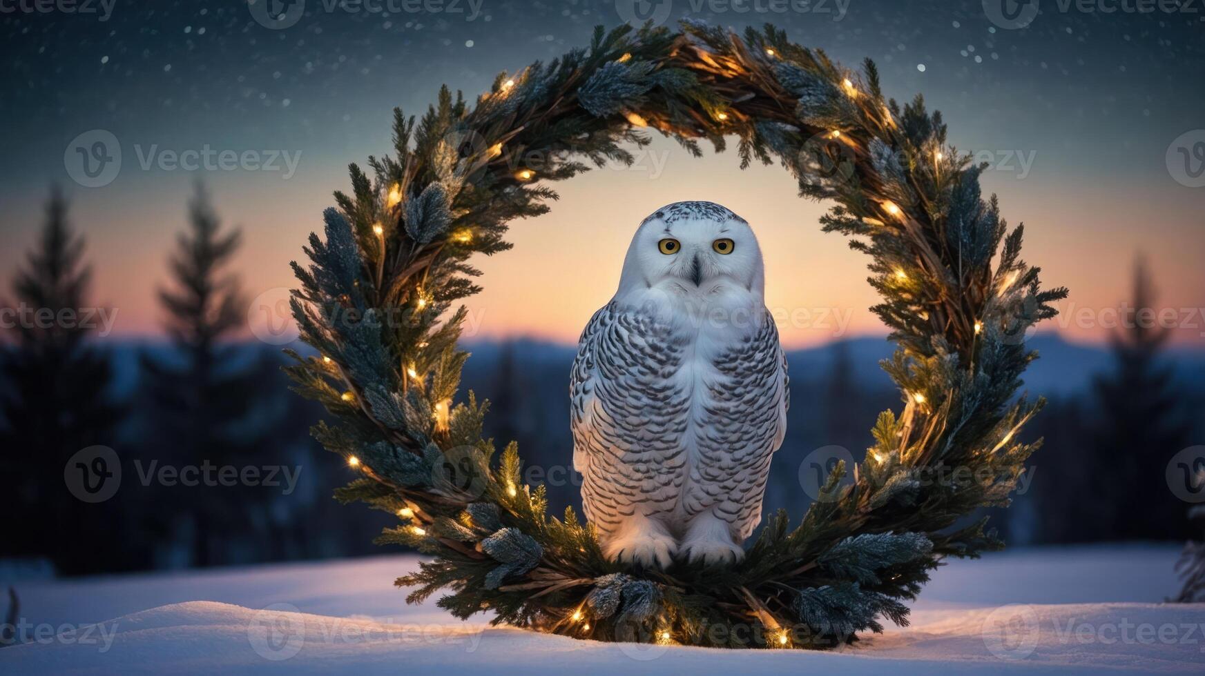 A snowy owl perched in a decorative wreath, illuminated by soft lights against a twilight sky. photo