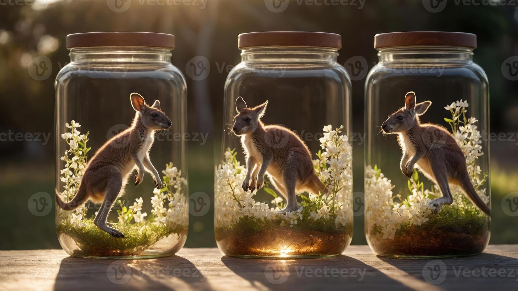 Three jars containing kangaroos surrounded by flowers and greenery, creating a whimsical scene. photo
