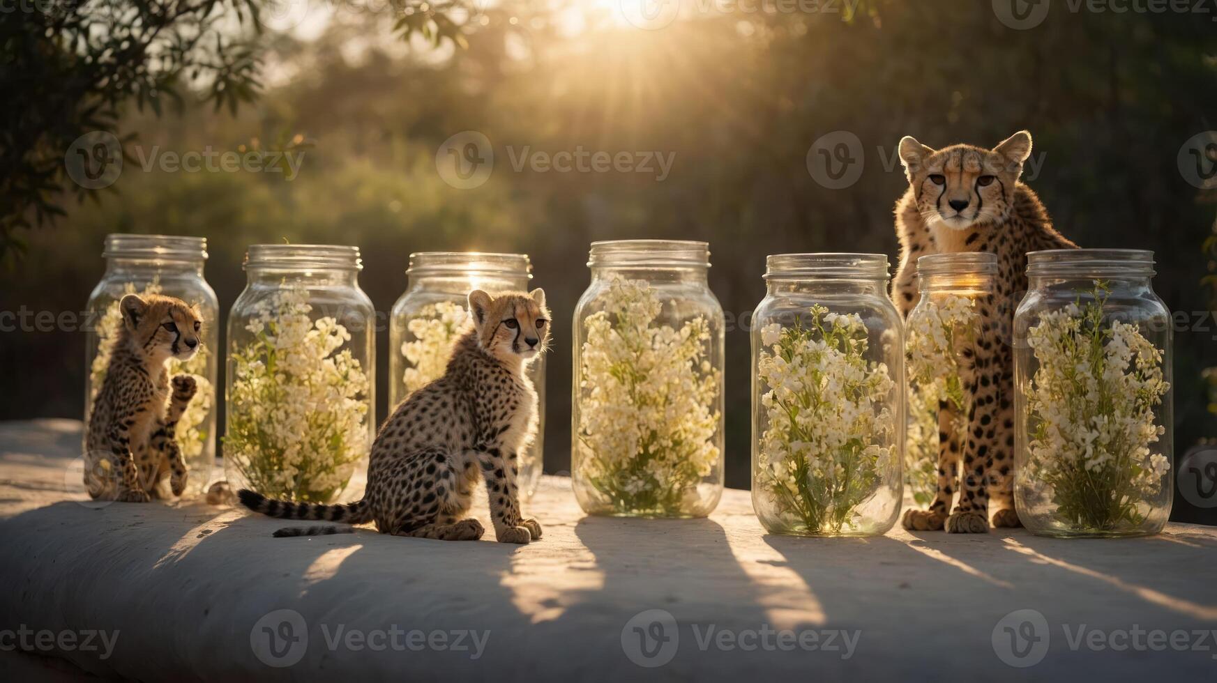 Two cheetah cubs and an adult cheetah beside jars filled with flowers, illuminated by sunlight. photo
