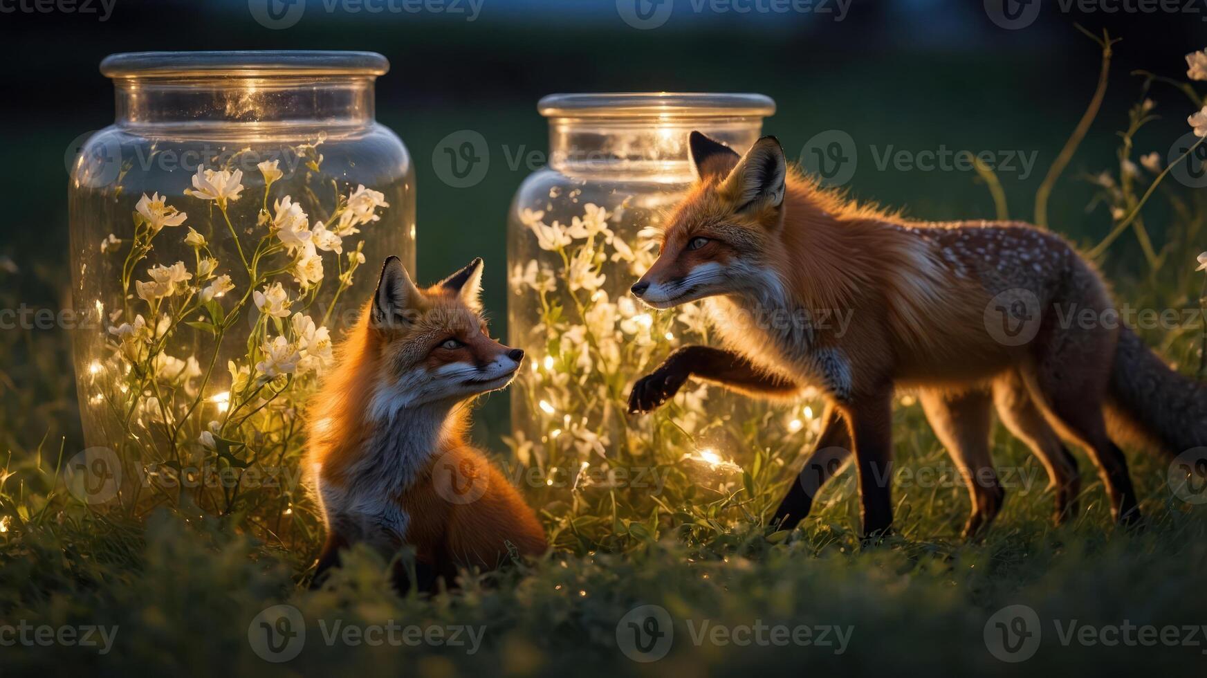 Two foxes play near glowing jars filled with flowers and lights in a serene outdoor setting. photo
