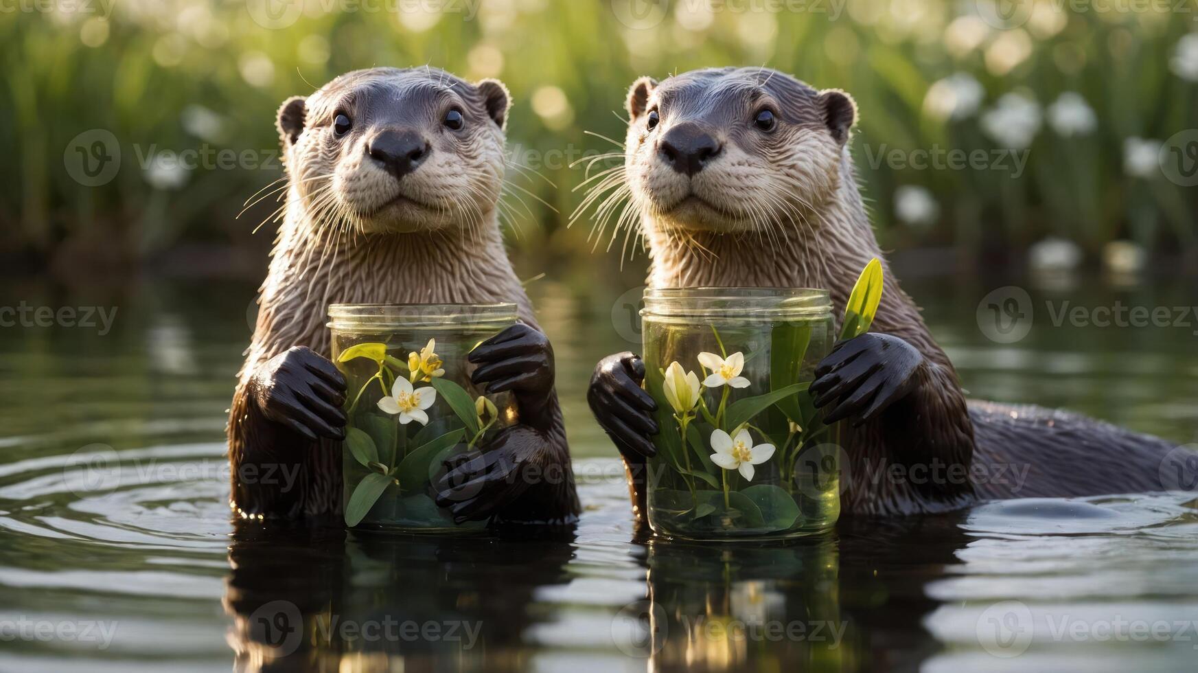 Two otters holding jars with flowers in a serene water setting. photo