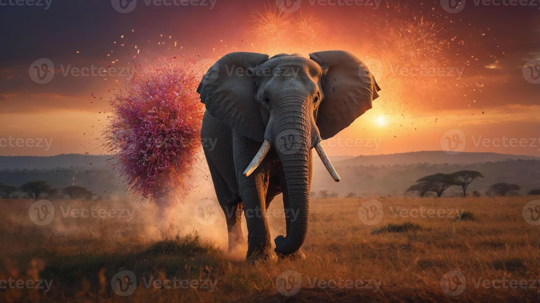 An elephant walking through a vibrant landscape with fireworks and colorful flowers. photo